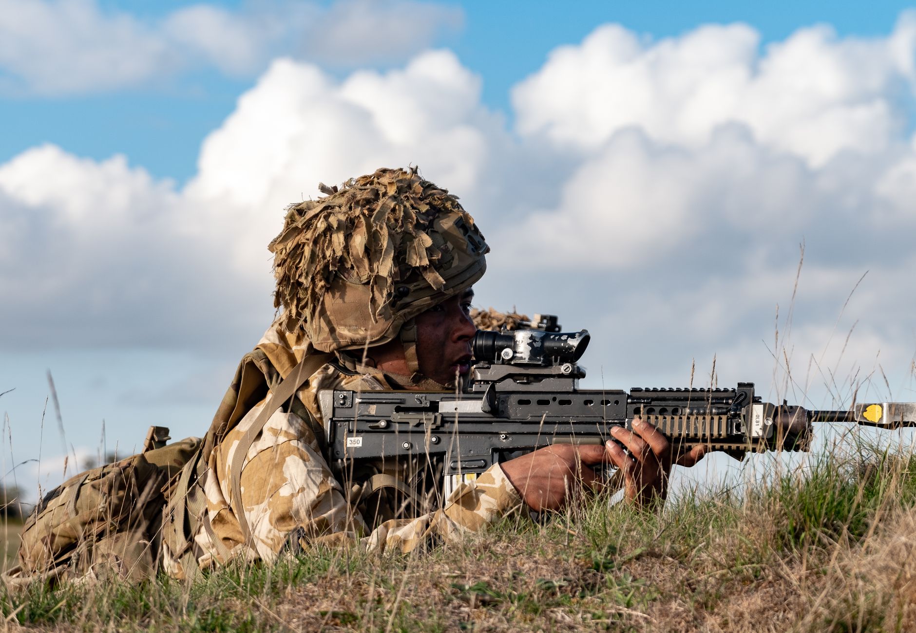 A soldier in camouflage uniform aims a rifle while lying in a grassy field under a blue sky.
