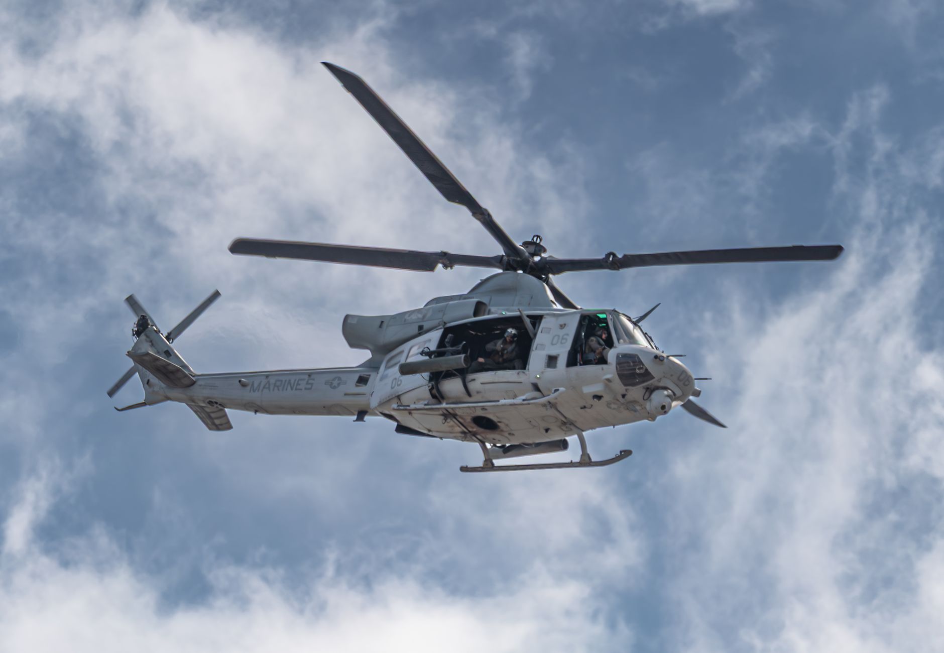 US Marine Bell UH-1Y Venom helicopter flying during the Miramar Airshow in San Diego.